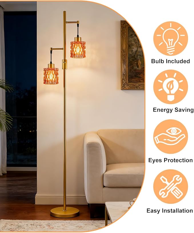 Lightdot 65IN Industrial Gold Floor Lamp for Living Room, 2- Light Rose Red Glass Floor Lamps with 3000K Warm White Bulbs, Modern Tree Standing Tall Lamp for Bedroom Office