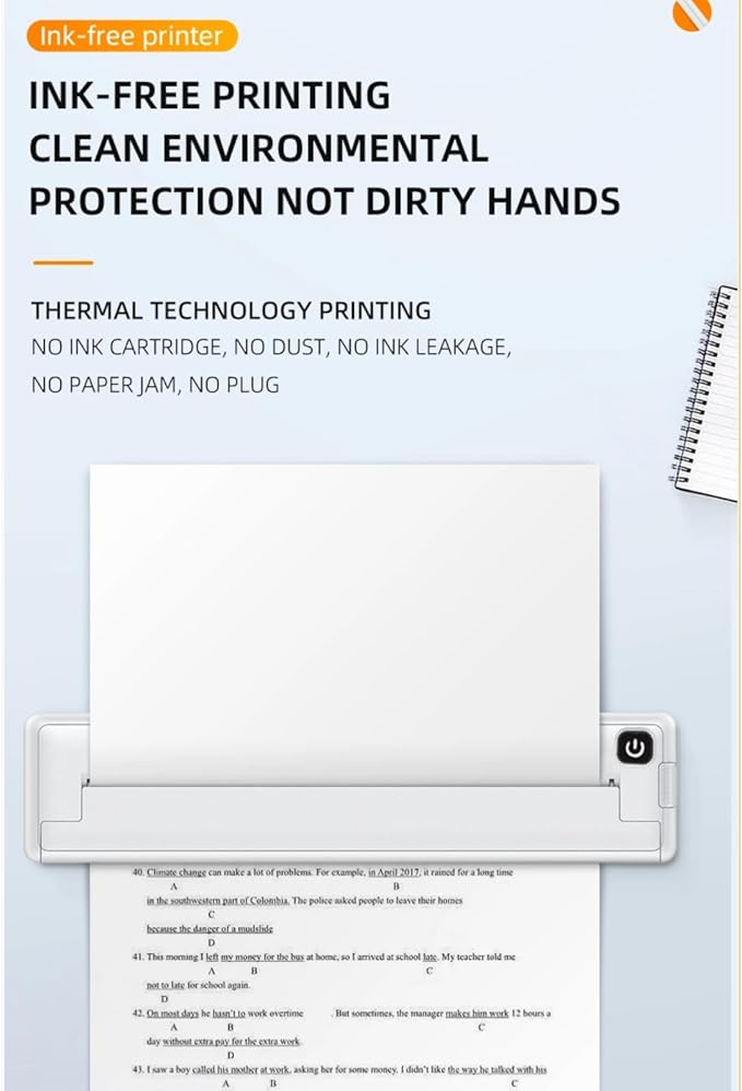 Yoidesu Portable Thermal Printer, Supports A4 Thermal Paper, 200DPI Inkless Mobile Travel Printers for Car School Office, Mini Bluetooth Printer for Android for iOS Phone