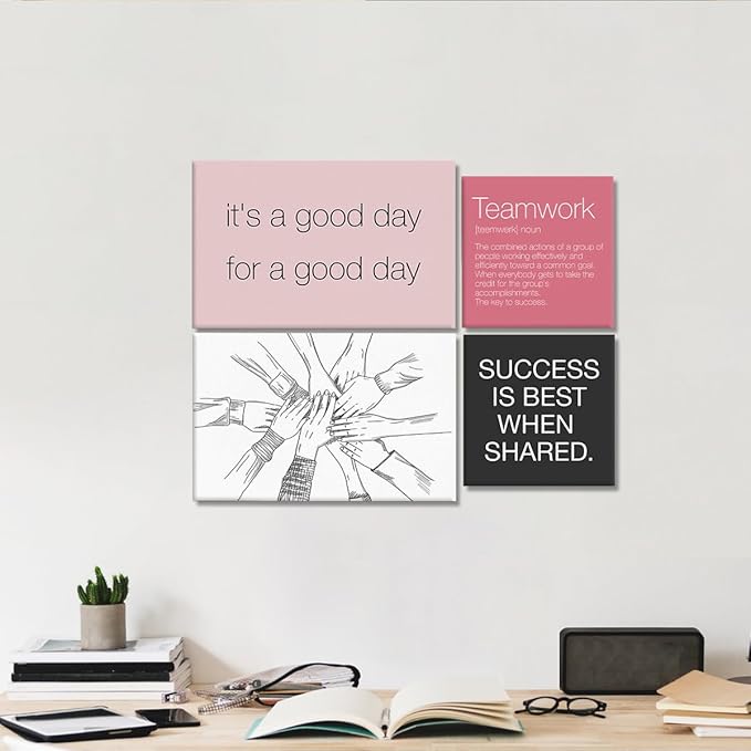 YEOION Inspirational Office Wall Art for Women,Motivational Teamwork Wall Decor for Office,Pink and Black Postive Quote Workplace Canvas Wall Art for Set of 6