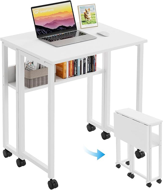 GreenForest Folding Desk with Wheels and Storage Shelf, 24.8 Inch Compact Portable Rolling Desk for Small Spaces, Mobile Foldable Computer Table, Easy Assembly, Pure White