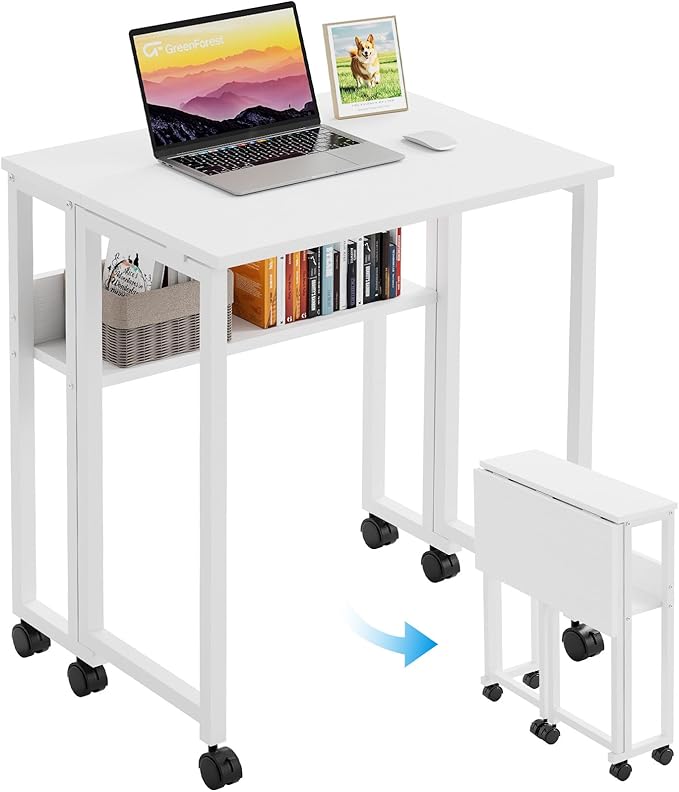 GreenForest Folding Desk Small Rolling Desk with Storage Shelf, 31.5 inch Foldable Computer Desk with Wheels for Small Space, Easy Assembly,Pure White