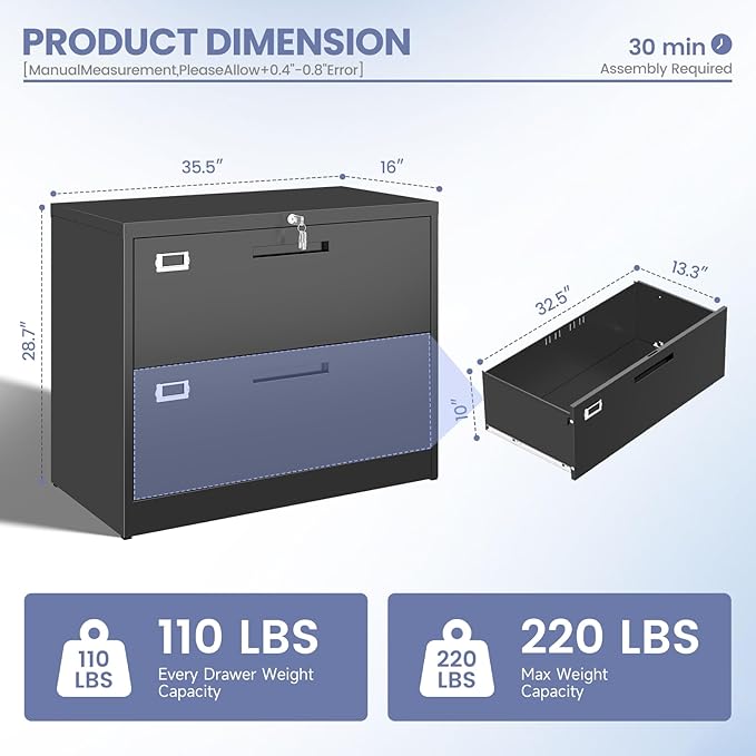 2 Drawer Locking Lateral File Cabinet, Wide&Deep Black Metal Filing Cabinet for Letter/Legal/A4/F4 Files, Includes Card Holder and Hanging Folders for Home Office, School, Business