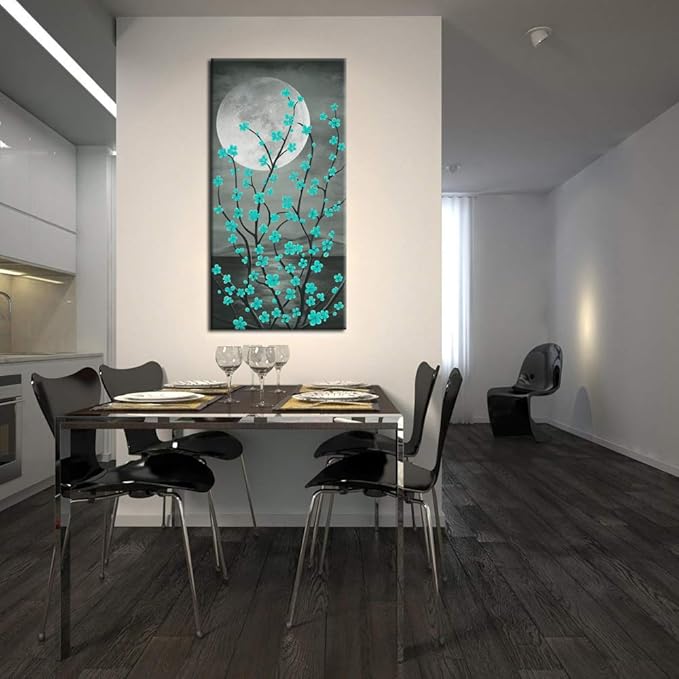 KREATIVE ARTS Large Canvas Prints Wall Art Grey and Teal Plum Blossom Tree and Full Moon Vertical Contemporary Painting for Living Room Decorations 20x40inch