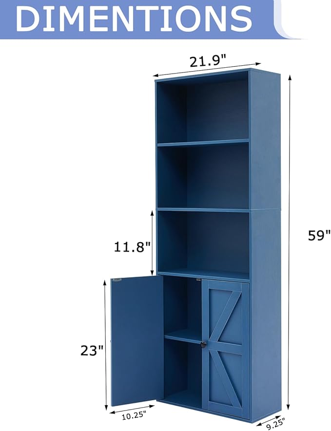 Bookshelves and Bookcases with Barn Doors, Farmhouse Bookshelf with Display Shelves, Floor Standing 5-Tier Book Shelf with Storage Cabinet for Home Office, Living Room, Bedroom, Blue