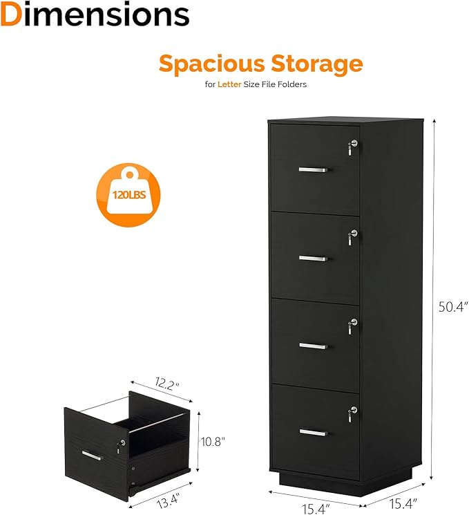 VINGLI 4 Drawer File Cabinet with Lock, Home Office Filing Organizer, for Letter Size File Folder Storage, Wood Tall Vertical Filing Cabinet, Printer Stand, Archivador (Black)