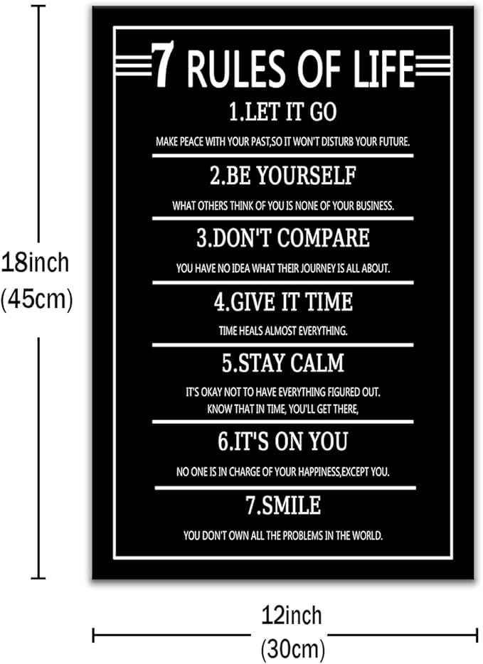Inspirational Canvas Wall Art Picture Painting 7 Rules of Life Motivational Positive Quotes Poster Print Wall Decor Artwork for Modern Home Bedroom Living Room Gym Stretched and Framed [12''Wx18''H]