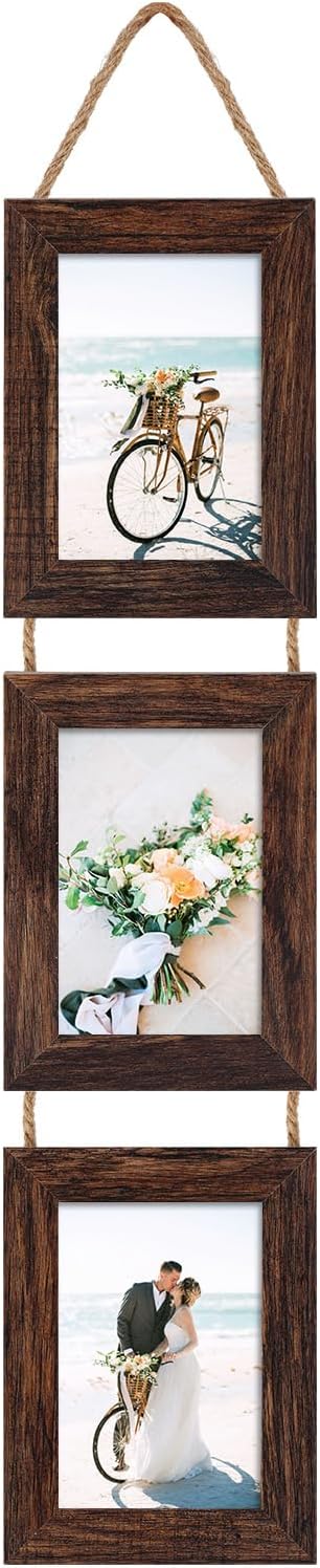 Lavezee 4x6 Picture Frames Collage Distressed Brown, Three 4 x 6 Hanging Picture Frames for Vertical 4 by 6 Inch Photos for Wall