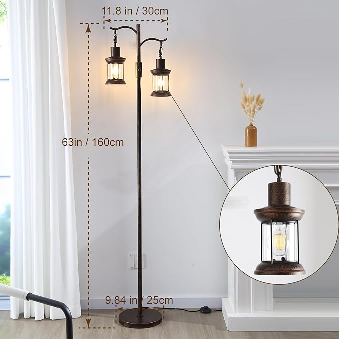 Vintage Dimmable Floor Lamp,2 Classical Lanterns Standing Lamp, Rustic Farmhouse Floor Lamp with Copper Black Finish, for Living Room (Red Copper)
