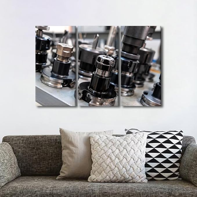 Factory Wall Decor Machine Drill Bits Canvas Prints Bathroom Artwork for Wall Office Living Room Wall Decor 3 Panel CNC Machine Tools Wall Art Framed Wall Art Posters & Prints, 42x28 Inch