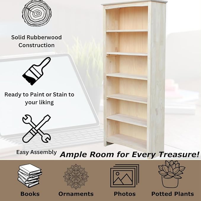 International Concepts Tall Shaker Bookcase, 72-Inch High, Solid Parawood, Unfinished