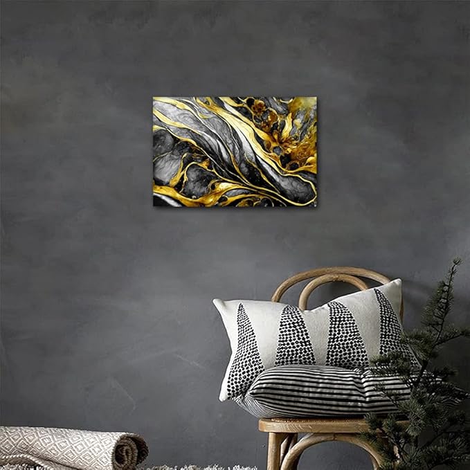 Abstract Marble Wall Decor for Home 1 Panel Modern Canvas Artwork Black and Gold Texture Poster Prints on Canvas for Minimalist Enthusiasts Bedroom Decor Stretched and Framed Ready to Hang 18x12 in