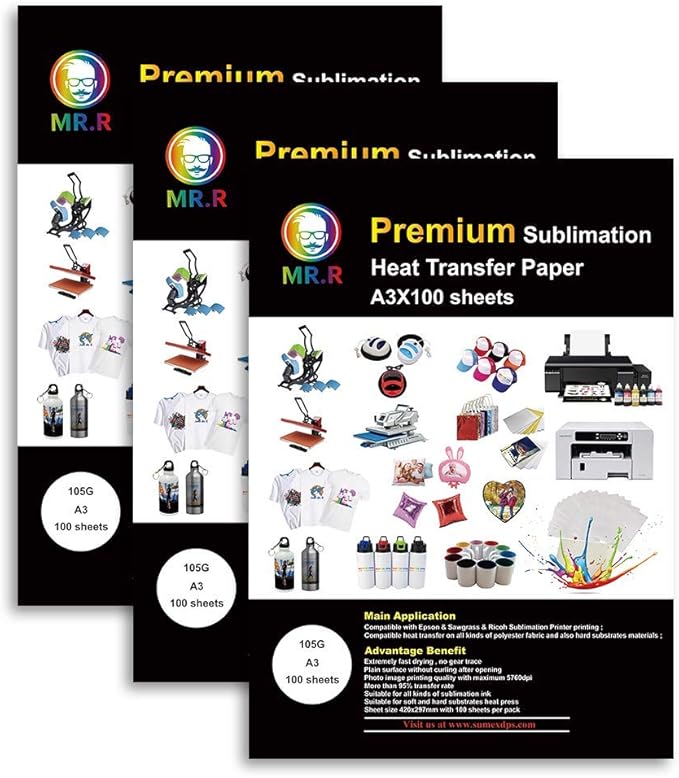 MR.R Sublimation Heat Transfer Paper 105gsm 297mm x 420mm Pack of 100 Sheets Compatible with EPSON, SAWGRASS, RICOH, Brother Sublimation Printer