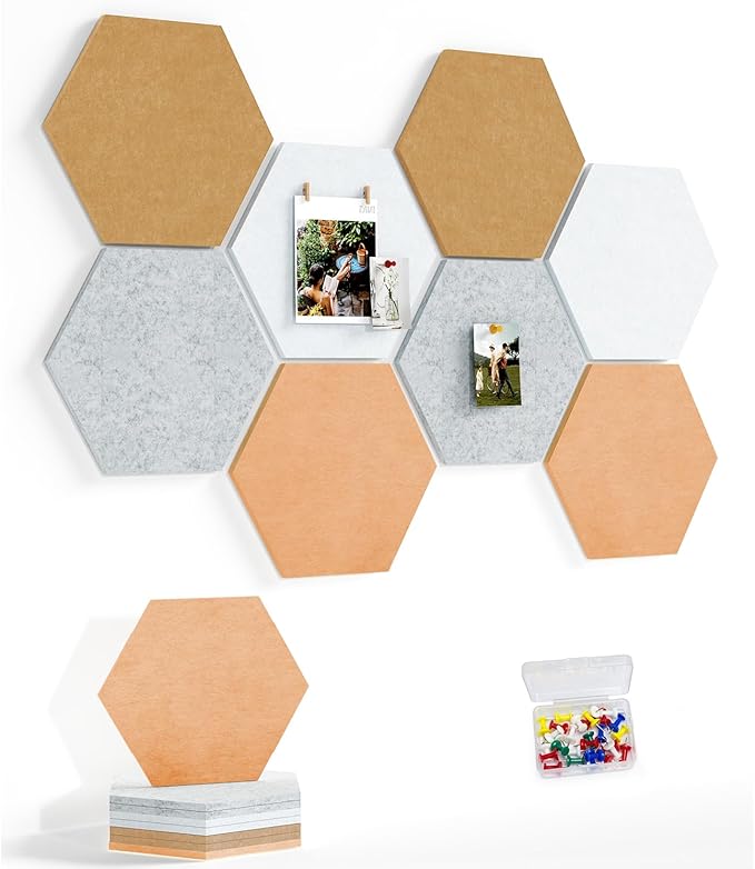 8 Pack Hexagon Felt Bulletin Board Tiles - 11.8" Large Thick Pin Board for Walls with 30 Push Pins, DIY Boards for Office Home School Decor, Aesthetic Hex Cork Board Alternative