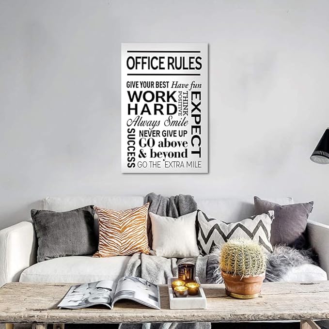 Black and White Inspirational Quote Office Rules Canvas Poster Motivational Print Paintings for Home Office Wall Art Decoration Wooden Framed Ready to Hang-24 x 36 inches