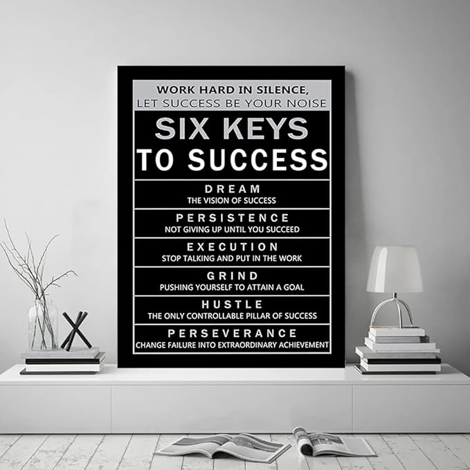 Six Keys to Success Motivational Framed Office Art Execution Grind Hustle Verbs Artwork Inspirational Gift for Men Easy to Hang-18 inch x 24 inch
