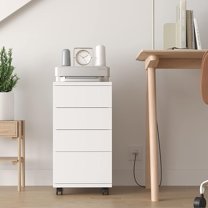 TTVIEW 4-Drawer Chest, Mobile Wood Storage File Cabinet, Filing Cabinet with Wheels, Rolling Pedestal Under Desk White 12.9x15.3X 25 in