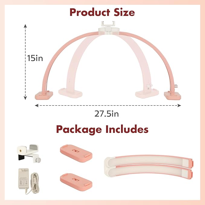 FAHKNS Half Moon Light for Nail Desk with Phone Holder, Upgraded 28-inch Foldable Half-Moon Lamp, LED Light for Manicure, Eyelash Extension, Tattooing, Craft, Pink