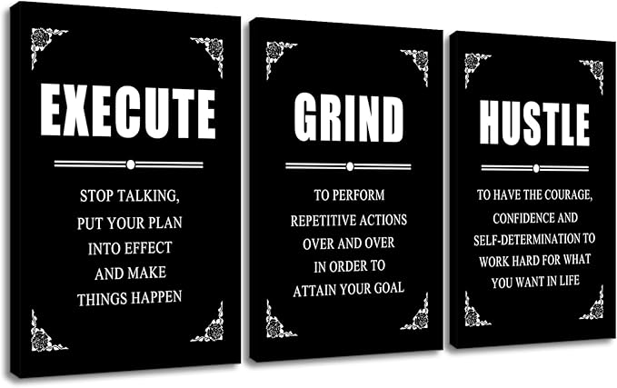 3 Pieces Inspirational Canvas Wall Art Entrepreneur Positive Quotes Poster Print Execute Grind Hustle Motivational Office Wall Decor Suitable for Bedroom Classroom Stretched and Framed [72''Wx 36''H]