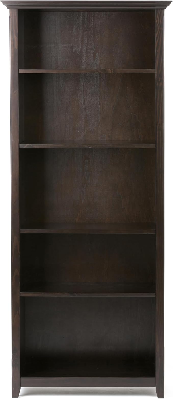 SIMPLIHOME Amherst Bookcase - 70 inch Tall 5-Shelf Solid Wood Bookshelf in Hickory Brown, Transitional Storage for Living Room, Study Room or Office with Adjustable Shelves and Tapered Legs