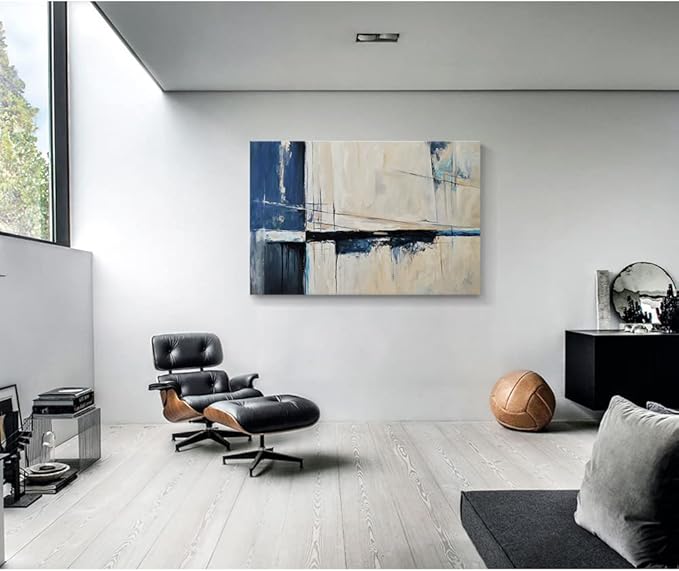 Large Abstract Canvas Wall Art Modern Geometric Art Paintings Blue Blocks and Lines Painted on Cream Background Elegantly Framed Artwork Pictures for Living Room Bedroom Wall Decor 48x32in