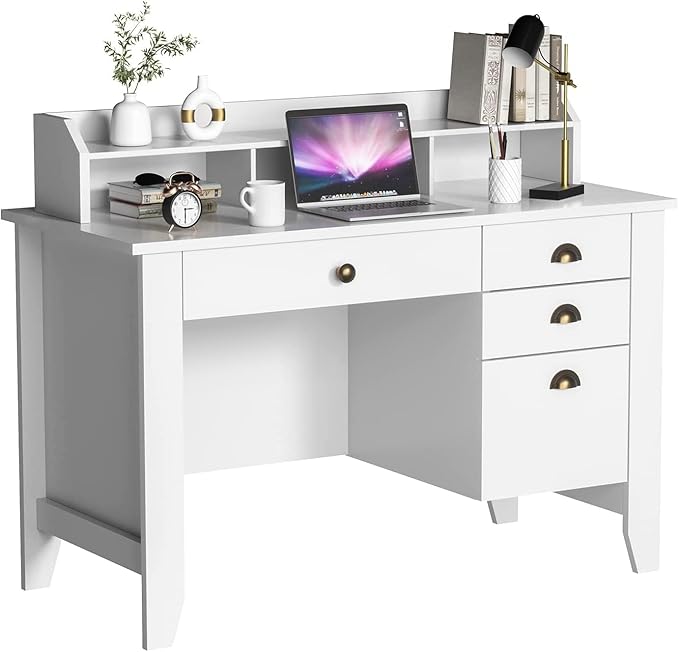 Catrimown Computer Desk with Drawers and Hutch White Desk with Drawer Wood Executive Desk Teens Student Desk Writing Laptop Home Office Desk for Small Spaces, Cream, 47.5''D x 22''W x 36.5''H