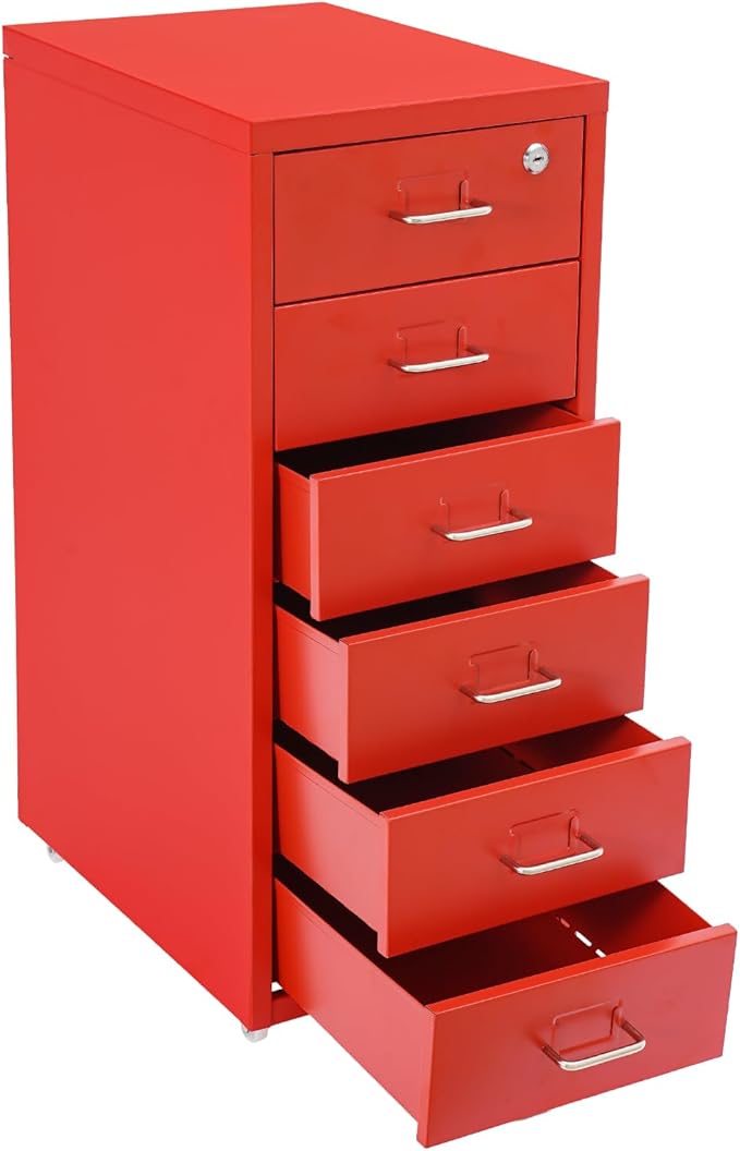 Vertical File Cabinets, 6 Tier Metal File Cabinet with Lock, Multi Drawer Cabinet for Home Office, Assembly Required (Red)