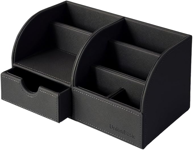 UnionBasic Desk Organizer - Multifunctional Leather Desktop Pen Holder Storage Box - Business Card/Pen/Pencil/Mobile Phone/Stationery Holder, Taiga Dark Gray