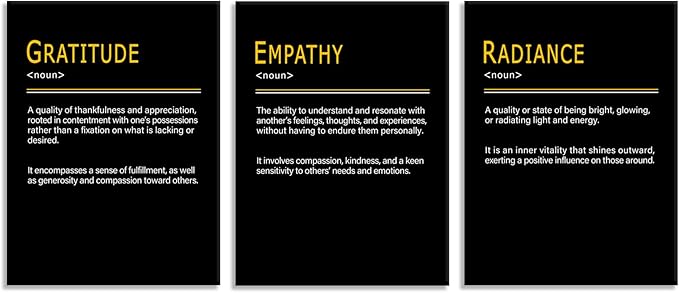 WYJDFART Motivational Wall Art A Positive Emotional Chain GRATITUDE EMPATHY RADIANCE Noun 3 Pieces Inspirational Quotes Posers for Office Home Bedroom Workplace Framed Ready to Hang [36''Wx 16''H]