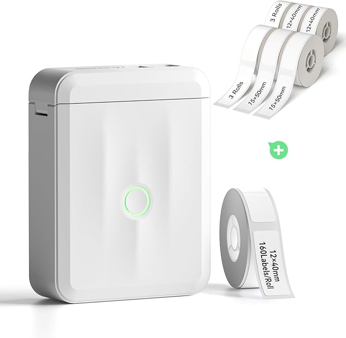 NIIMBOT Label Maker Machine Bluetooth Label Printer for School Home Office Organization, Wireless Mini Labeler D110 Upgraded Version, Label Machine with 6 Roll Label Tapes（12x40mm+15x50mm, White