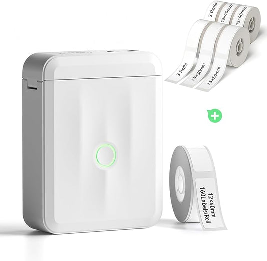 NIIMBOT Label Maker Machine Bluetooth Label Printer for School Home Office Organization, Wireless Mini Labeler D110 Upgraded Version, Label Machine with 6 Roll Label Tapes（12x40mm+15x50mm, White