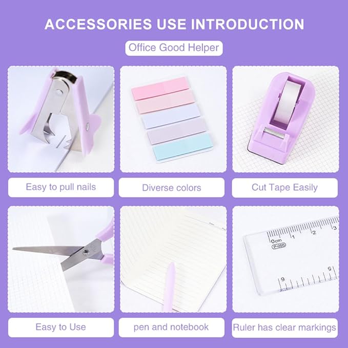 Purple Desk Organizers and Accessories with Desk Organizer 360° Rotating Pen Holder and Office Supplies, 19Pcs Cute Stationery Supplies Set