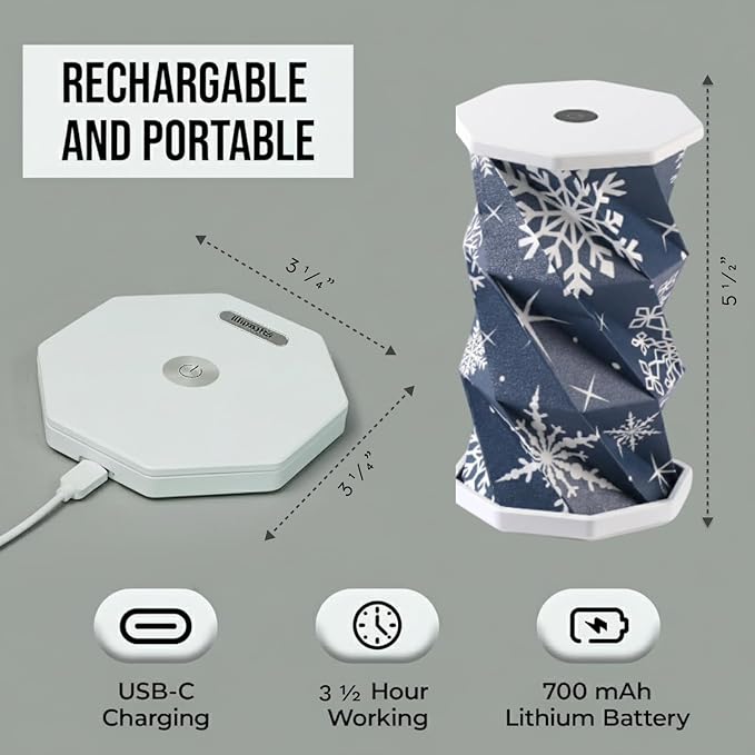 Origami Expanding Foldable LED Desk Lamp – USB Rechargeable & Portable - Dimmable Touch Control Light with Adjustable Height up to 5 1/2 for Office, Bedside - Sleek & Modern Design (Holiday Snowflake)