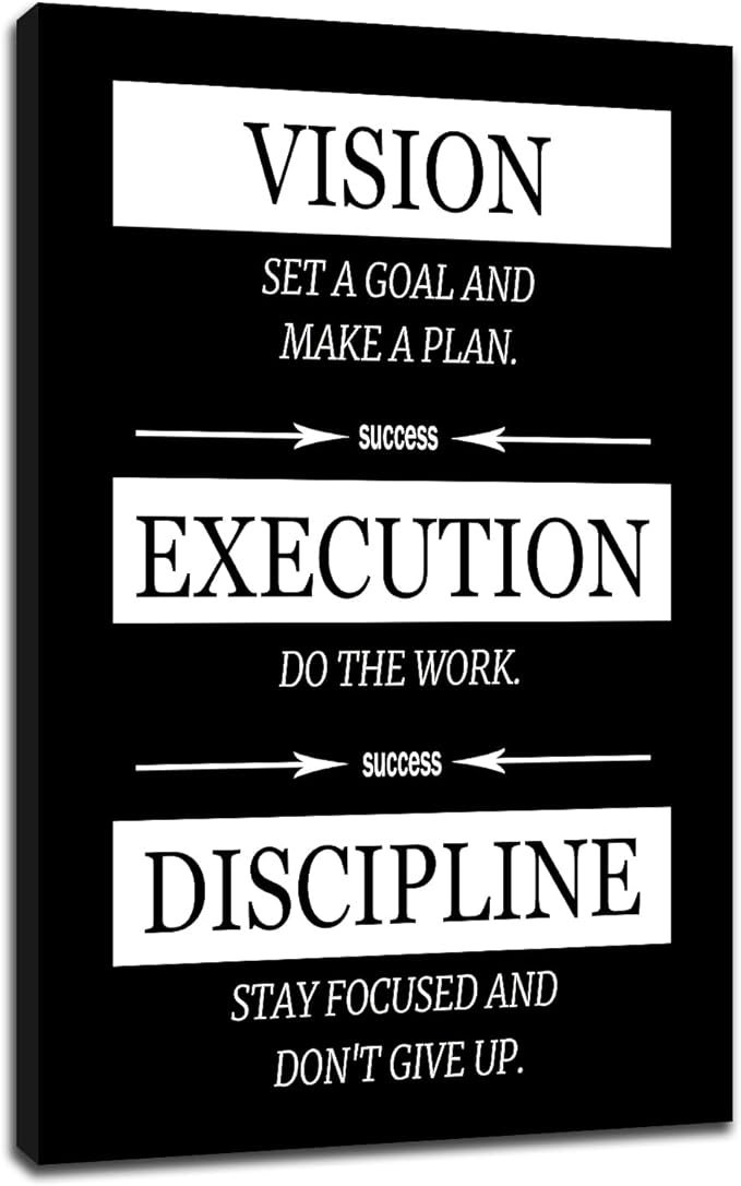 Inspirational Canvas Wall Art Poster Print Vision Execution Discipline Motivational Home Decor Quotes Picture Painting for Modern Bedroom Company Office Gym Stretched and Framed [12''Wx18''H]