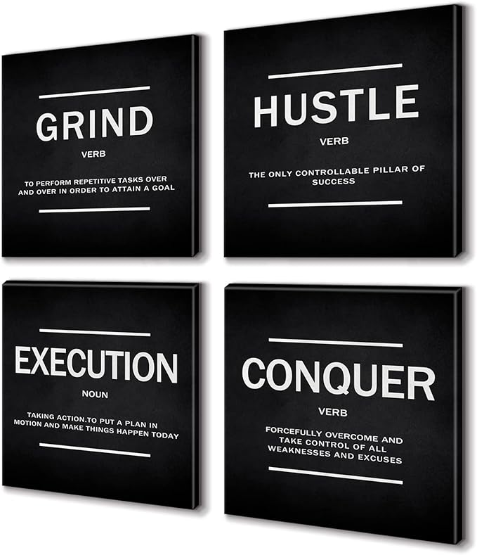 BWSPACE Grind Hustle Execution Conquer Entrepreneur Quotes Inspirational Wall Art Canvas Painting Decor for Office Bedroom Living Room(12" Wx12 Hx4pcs)