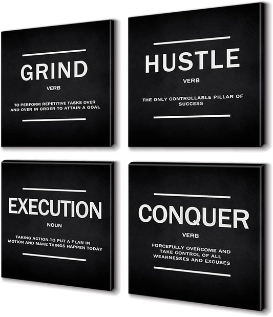BWSPACE Grind Hustle Execution Conquer Entrepreneur Quotes Inspirational Wall Art Canvas Painting Decor for Office Bedroom Living Room(12" Wx12 Hx4pcs)