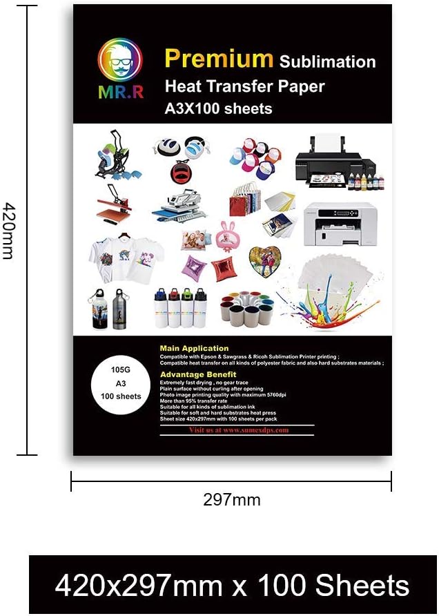 MR.R Sublimation Heat Transfer Paper 105gsm 297mm x 420mm Pack of 100 Sheets Compatible with EPSON, SAWGRASS, RICOH, Brother Sublimation Printer