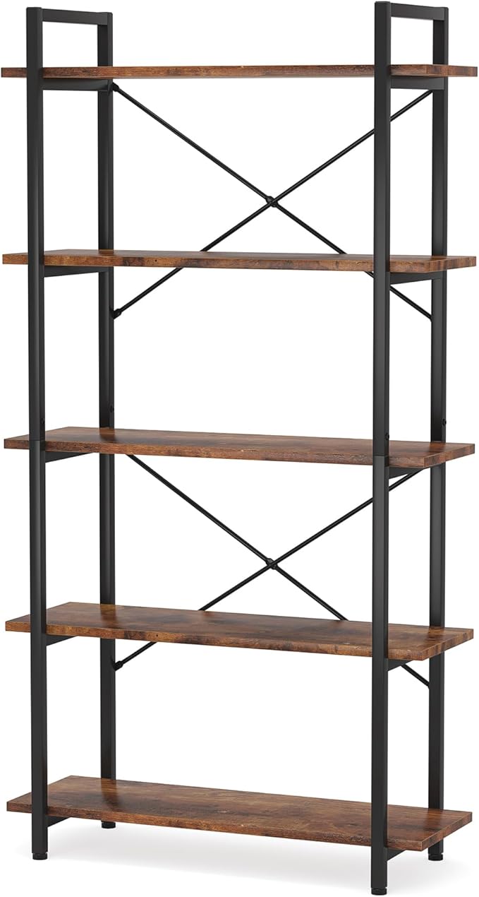 Tribesigns 5 Tier Bookshelf Set of 2, Industrial Etagere Bookcase with Metal Frame, Rustic Tall Book Shelf Unit for Living Room, Study, Home Office (2, Rustic)