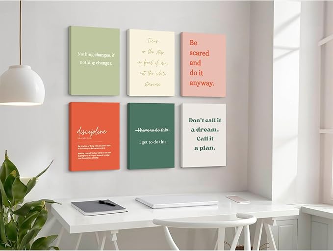 Office Wall Art Motivational Posters Inspirational Quote Canvas Wall Decor Office Positive Pictures Inspirational Classroom Art Motivational Work Prints for Gym Home 8x10 Inch Wrapped Canvas Set of 6
