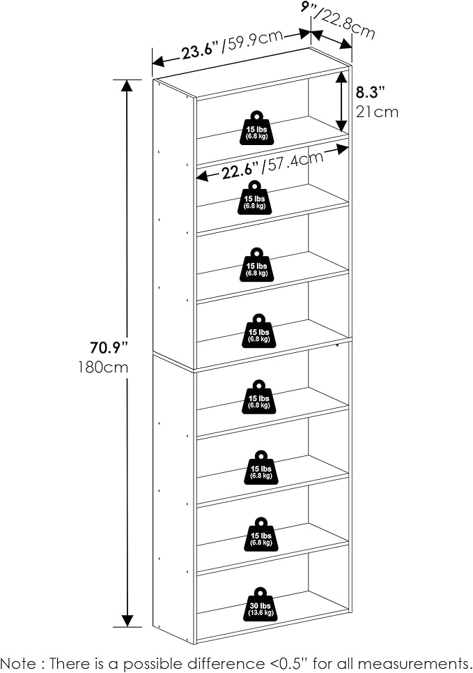 Furinno Basic Book Shelf, 8-Tier Bookcase with Open Shelf, Standing Bookshelf, Cube Storage Organizer, 12 x 24 x 71, for Living Room, Bedroom, Home Office, Amber Pine