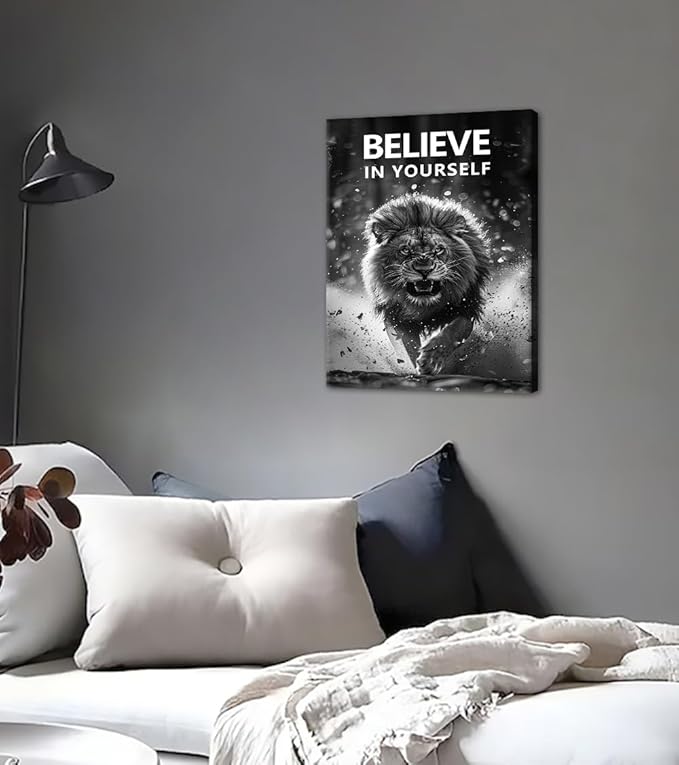 Black & White Motivational Lion Canvas Wall Art BELIEVE IN YOURSELF Inspirational Poster Fierce Wild Animal Prints Wall Decor for Office Gym Living Room Bedroom Decoration Easy to Hand 12x16inch