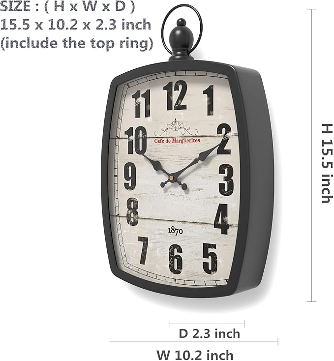 Menterry Large Retro Rectangle Wall Clock, Black Antique Vintage Style, Battery Operated Silent Decor Wall Clocks for Living Room,Farmhouse,Kitchen,Office (15.5" H x 10.2" W)