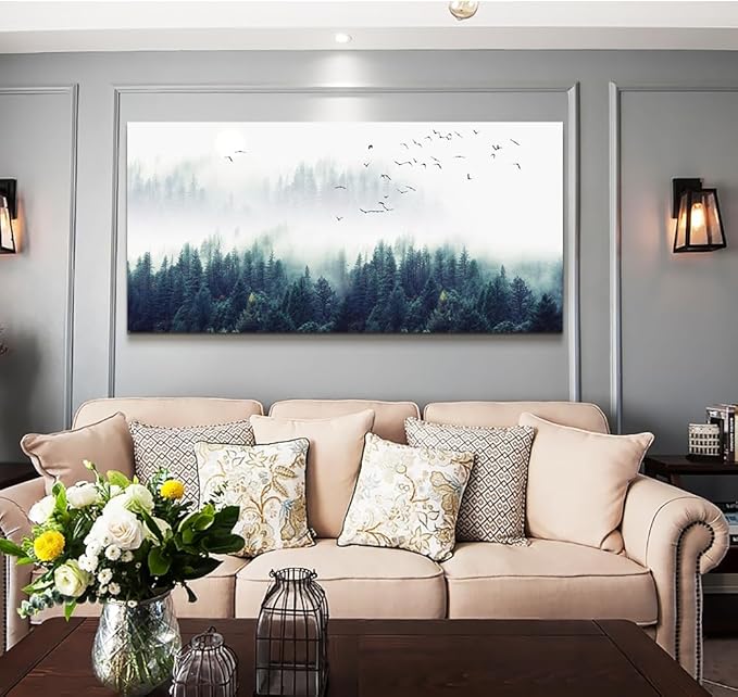 Wapluam Large Canvas Wall Art - Fog Forest View - Bedroom, Living Room, Office Decor - Stretched & Framed - Modern Home Art - 60 x 30