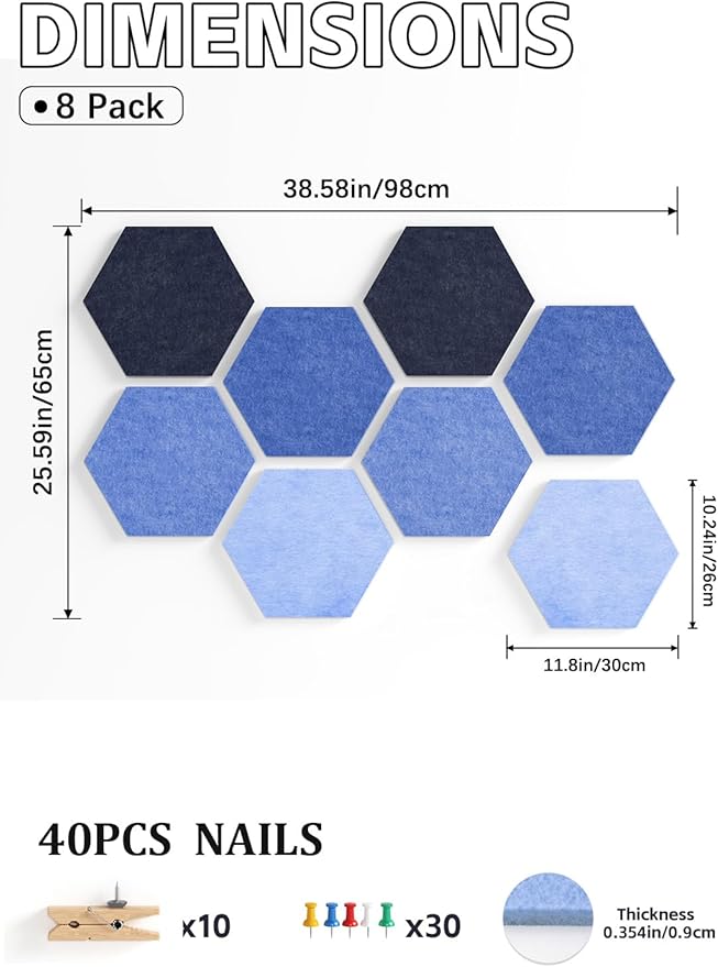 8 Pack Hexagon Felt Bulletin Board Tiles - 11.8" Large Thick Pin Board for Walls with 30 Push Pins, DIY Boards for Office Home School Decor, Aesthetic Hex Cork Board Alternative