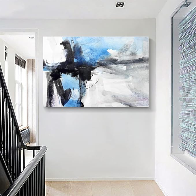Large Abstract Canvas Wall Art Modern Aquarelle Art Paintings Black and Blue Fantasy Colorful Graffiti on White Background Minimalist Artwork Decor for Living Room Bedroom Corridor Framed 48x32in