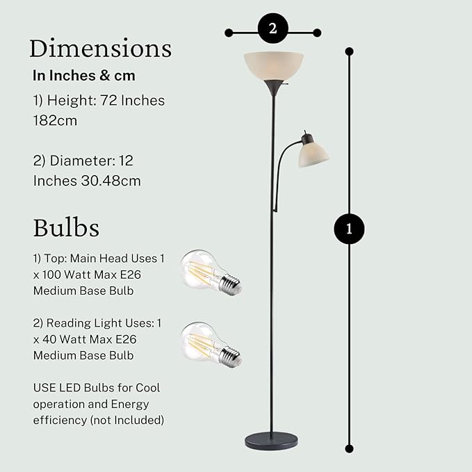 Adjustable Black Floor Lamp with Reading Light, Tall Lamp for Living Room, Bedroom, Office, Susan 72" Standing Lamps for Living Room, Corner Light, Stand Lamp, Floor Lamps for Living Room Modern