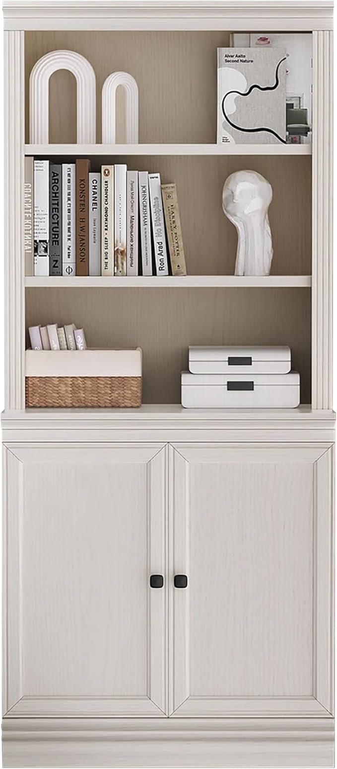 JAHRSTIM Halston Multi-Depth Bookcase, Adjustable Storage Shelving Unit with Doors for Home and Office Space, 31.5”L x 15.75”W x 72.8”H, Cream