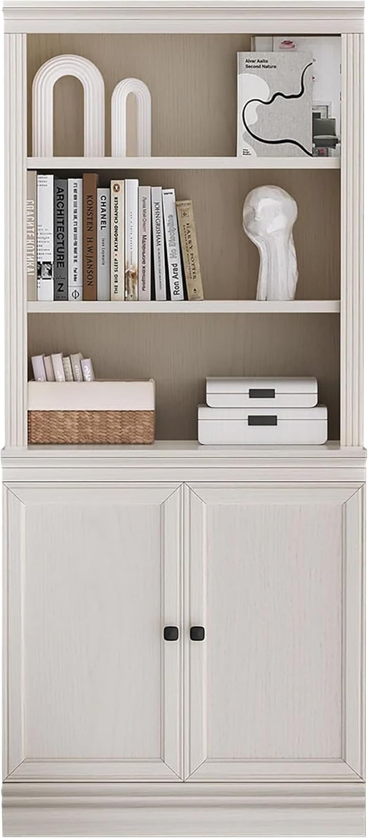 JAHRSTIM Halston Multi-Depth Bookcase, Adjustable Storage Shelving Unit with Doors for Home and Office Space, 31.5”L x 15.75”W x 72.8”H, Cream
