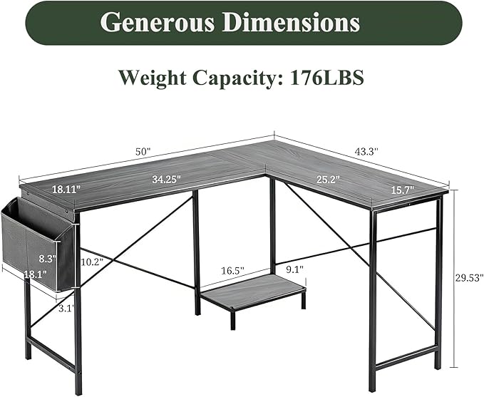 L Shaped Desk, 50 Inch Reversible Computer Desk Corner Gaming Table with CPU Stand & Storage Bag, Sturdy Metal Frame PC Workstation for Home Office