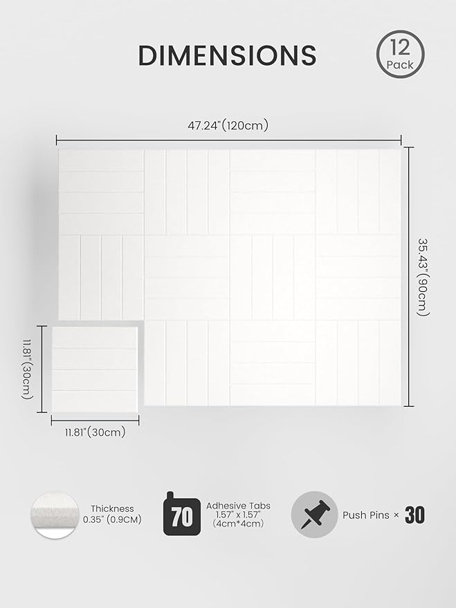 Bumusty Large Cork Board Alternative-48 x 36" Felt Bulletin Board Tiles, with 30 Pushpins, 70 Adhesive Tabs, 12-Pack Slat Wall Paneling, Cork Boards for Office Push Pin Board Felt Board-Milky White