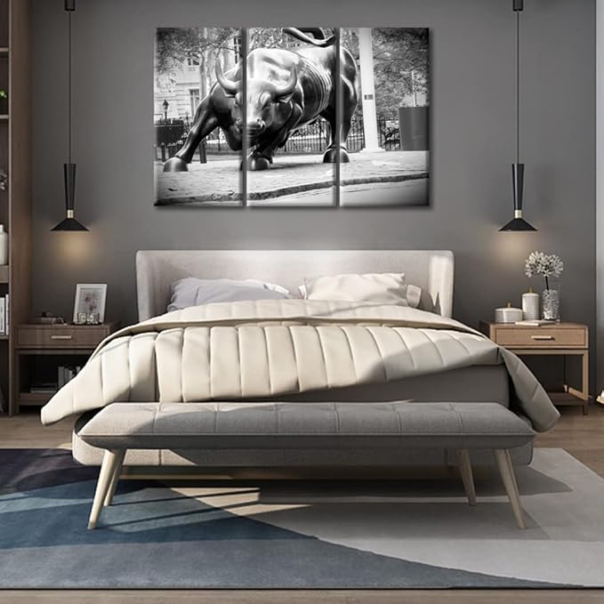 Pictures for Living Room Wall Decoration 3 Panels Black and White Bull Poster Decor for Bedroom Office Living Room Decor Gift Stretched Framed Gallery-Wrapped Ready to Hang - 42" Wx28 H